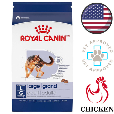 Royal Canin Large Adult chicken dry dog food bag front view with vet approved badge and US flag