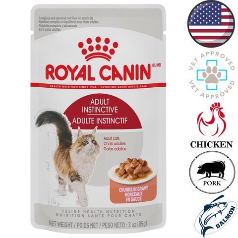 Royal Canin adult Instinctive pouch showing cat and bowl of chunks in gravy adult cat food with chicken and salmon