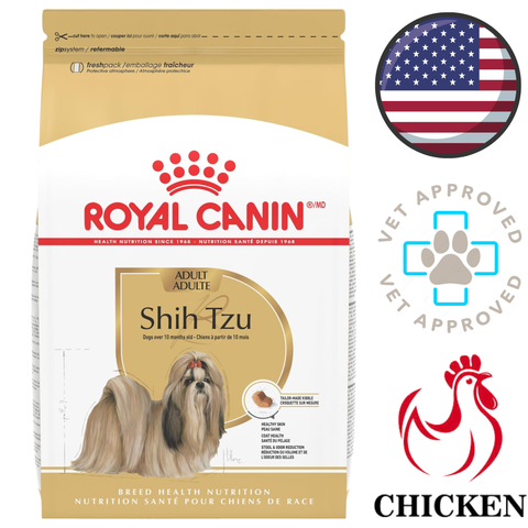 Royal Canin Adult Shih Tzu dry dog food bag with chicken formula and vet approved badge best dog food for adult Shih Tzu