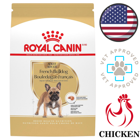 Royal Canin Adult French Bulldog bag of breed specific dry dog food with chicken formula and vet approved icons
