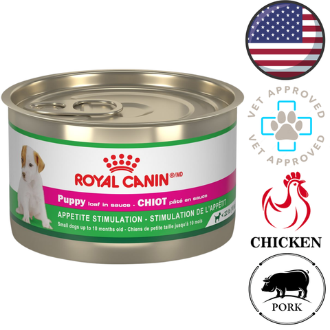 Royal Canin canned puppy food for small dogs puppy loaf in sauce chicken and pork vet approved