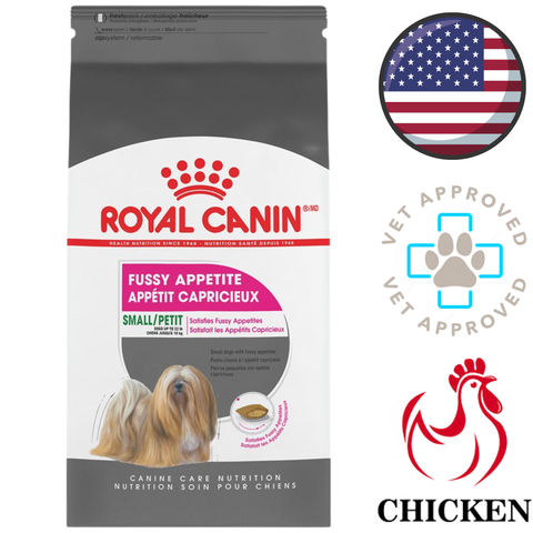 Royal Canin Fussy Appetite small dog chicken dry dog food for picky eaters bag with vet approved badge