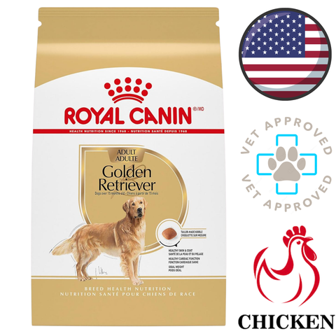 Royal Canin Golden Retriever adult dry dog food bag showing adult golden retriever image chicken flavor vet approved