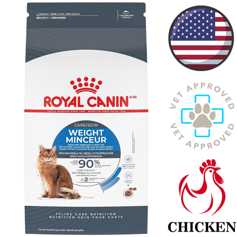 Royal Canin Weight Care cat food bag with cat image chicken formula vet approved low calorie dry cat food 6 lb.