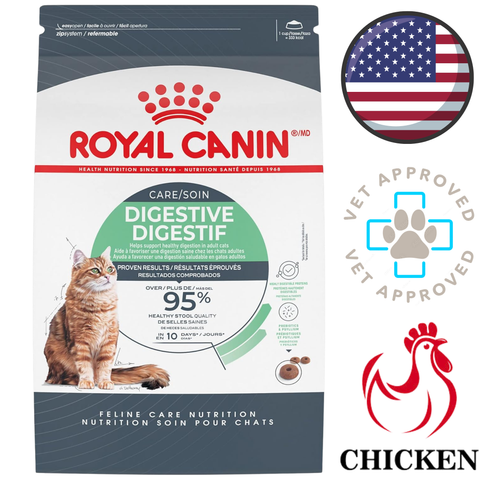 Royal Canin Digestive dry cat food bag with chicken flavor and vet approved seal premium cat food for digestion