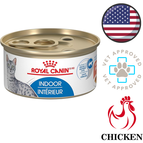 Royal Canin indoor cat food chicken wet food can with pull tab, cat image and vet approved badge