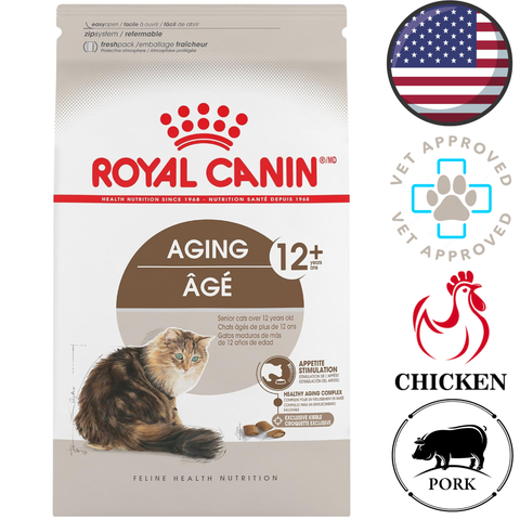 Royal Canin Aging 12 plus bag showing senior dry cat food for cats over 12 with chicken and pork icons