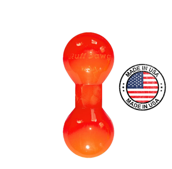 Ruff Dawg indestructible barbell dog toy in bright orange designed for durable chewing