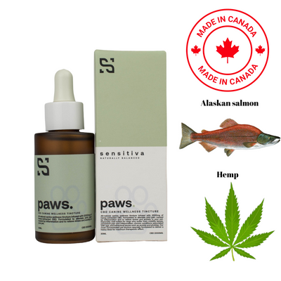 Sensitiva paws Pet CBD oil bottle and box with Alaskan salmon and hemp ingredients made in Canada