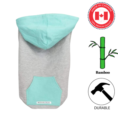 Sharper barker bamboo fleece dog hoodie skye in gray with light blue hood and pocket made in Canada