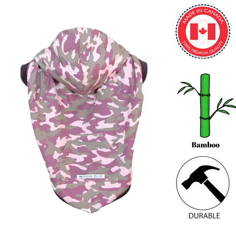 Sharper barker emma french terry dog hoodie in pink camo pattern made from durable bamboo fabric