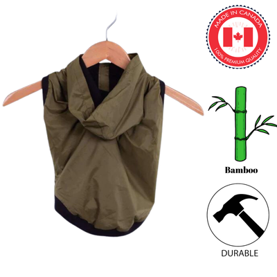 Sharper Barker hunter rain jacket for dogs in olive green made with durable bamboo fabric