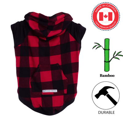 Sharper Barker lightweight dog hoodie in red and black plaid made with durable bamboo fabric