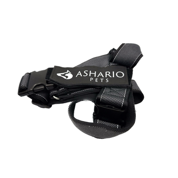  Ashario Pets black harness for pet store use, designed to ensure comfort and safety for dogs during walks and training.