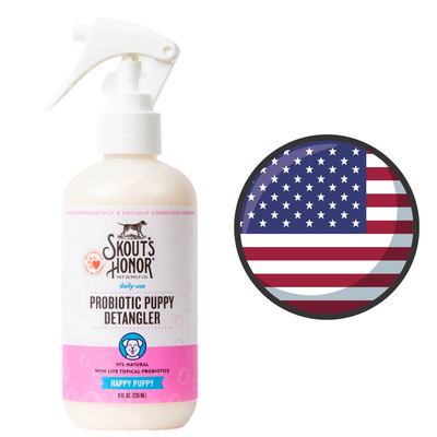 Skout Honour lilac linen puppy probiotic detangler spray bottle for dog grooming with USA flag badge