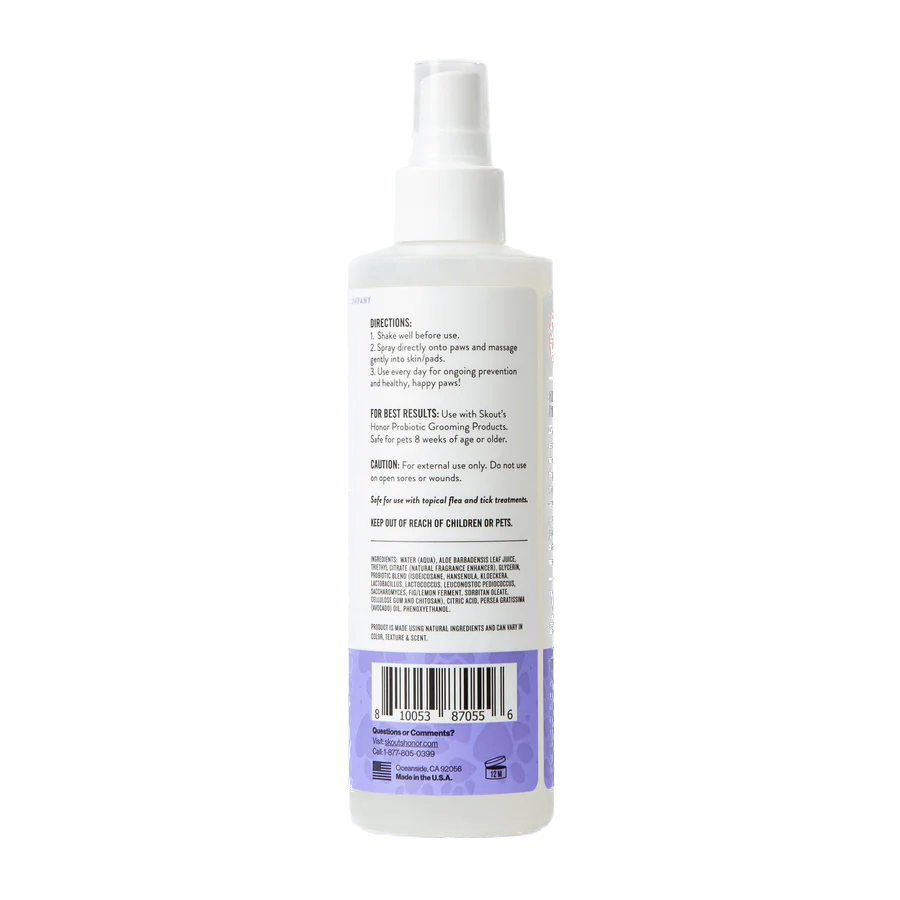 Back view of Skout Honour probiotic paw spray bottle with usage directions and label details