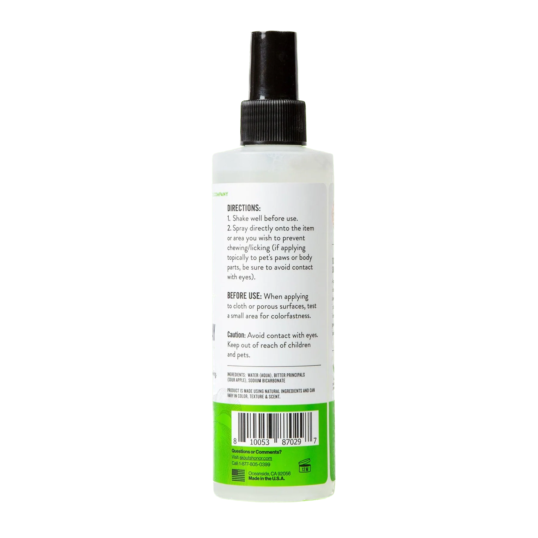 Back view of Skouts Honour anti chew spray bottle with usage directions and green label for pet health and wellness