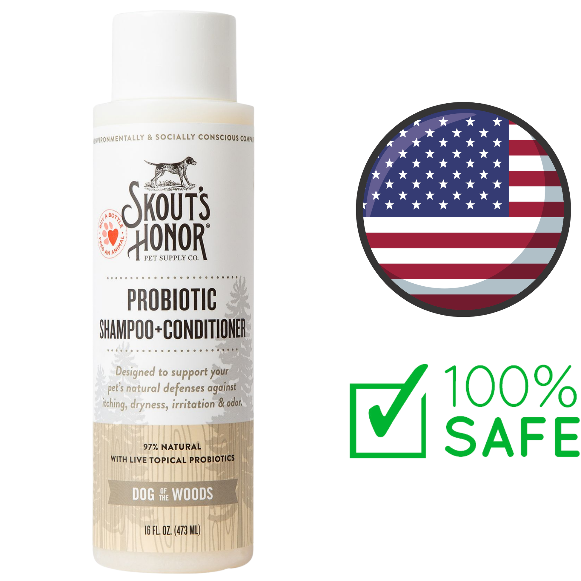 Skouts honour probiotic dog shampoo and conditioner bottle with natural ingredients and 100 percent safe label