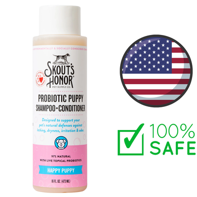 Skouts honour puppy probiotic shampoo and conditioner bottle with USA flag and 100 percent safe label