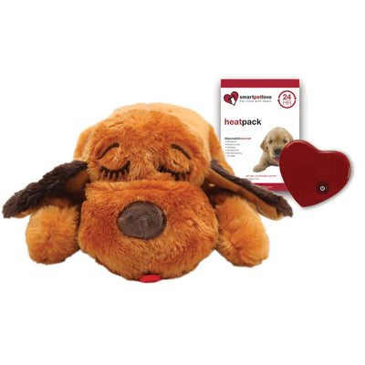Smart pet tan snuggle puppy dog toy with heat pack and heart-shaped warmer for comfort