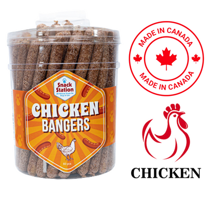 Snack Station Chicken Bangers Dog Treats in a Tub, 60 pieces, perfect chicken dog treats Canada
