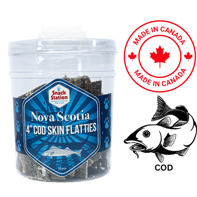 This & That Nova Scotia 4 inch Cod Skin Flatties in a container, healthy fish treats for dogs