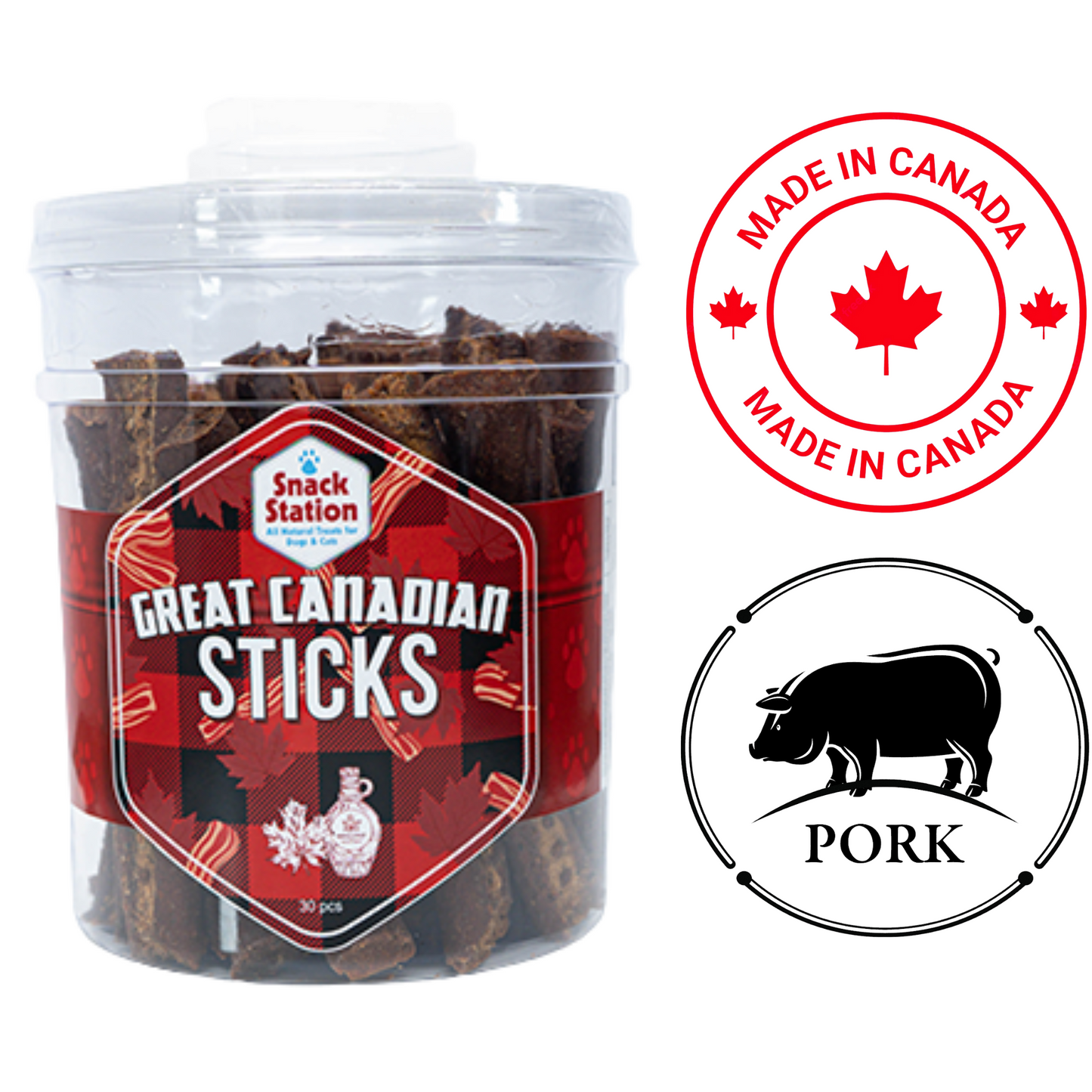 This & That Canadian sticks dog treats in clear jar with pork flavor and made in Canada label
