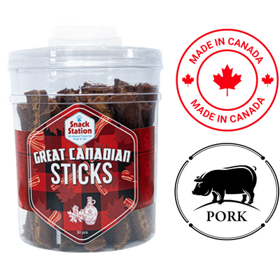 This & That Canadian sticks dog treats in clear jar with pork flavor and made in Canada label