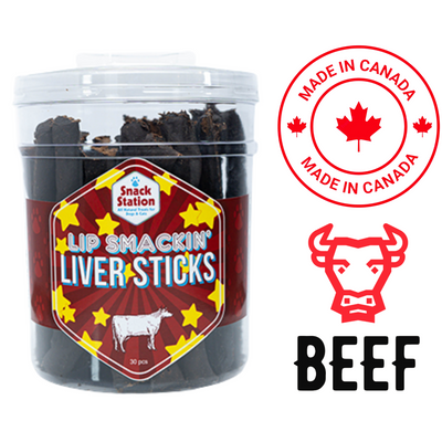 This & That liver sticks dog treats beef flavor in clear container with Made in Canada label