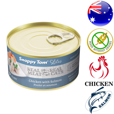 Snappy Tom Lites chicken and salmon cat food canned wet food with real meat and no grains