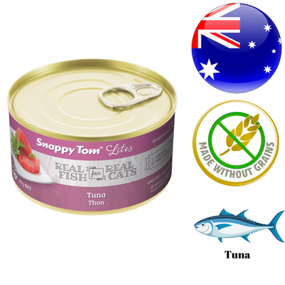 Snappy Tom Lites Tuna canned cat food can with Australian flag and grain-free label