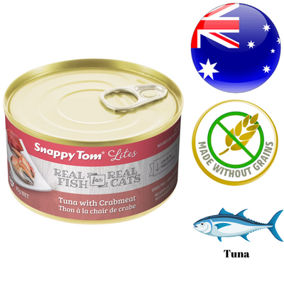 Snappy Tom Lites Tuna & Crabmeat canned cat food with real fish and no grains from Australia