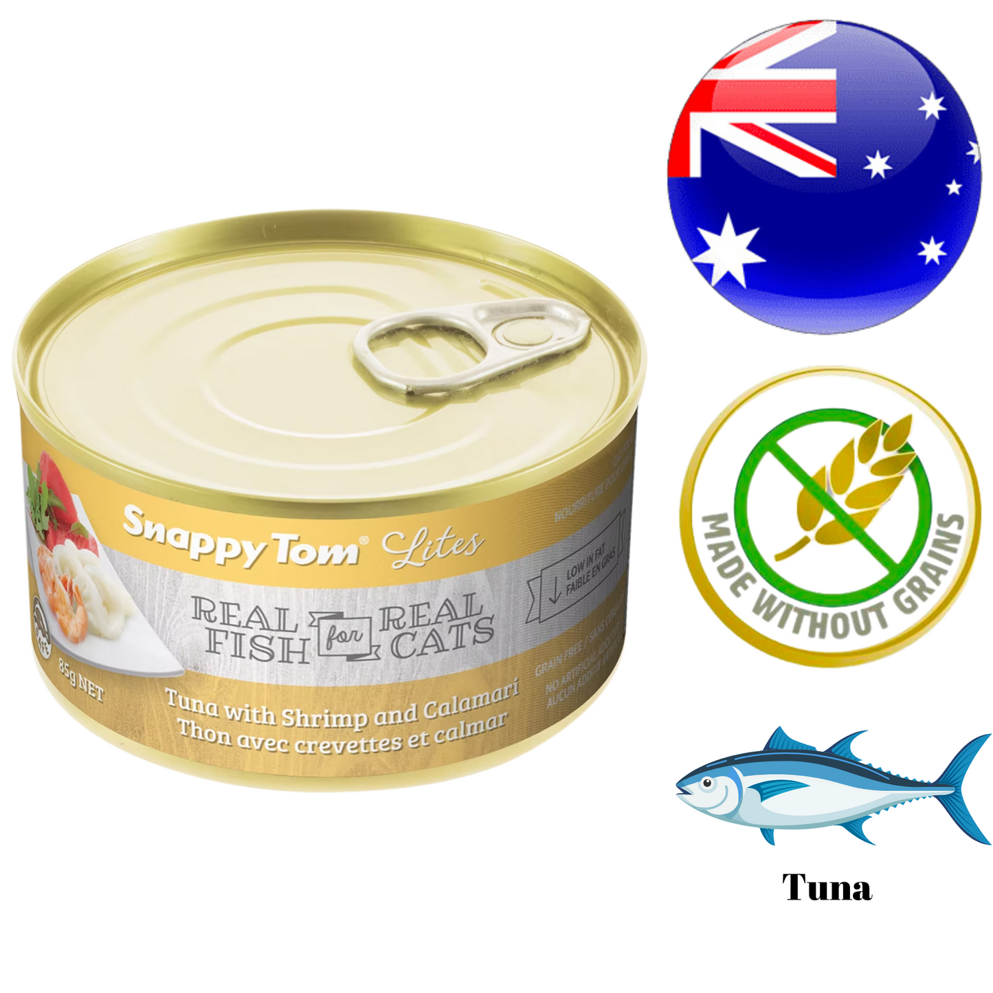 Snappy Tom Lites Tuna Shrimp and Calamari cat food canned wet food made without grains