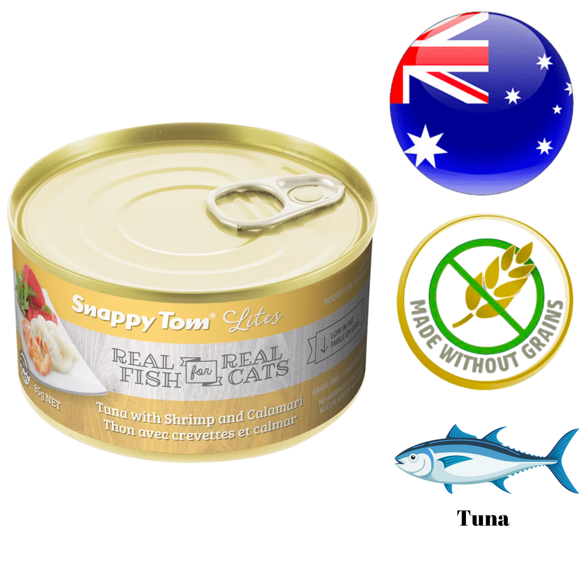 Snappy Tom Lites Tuna Shrimp and Calamari cat food canned wet food made without grains
