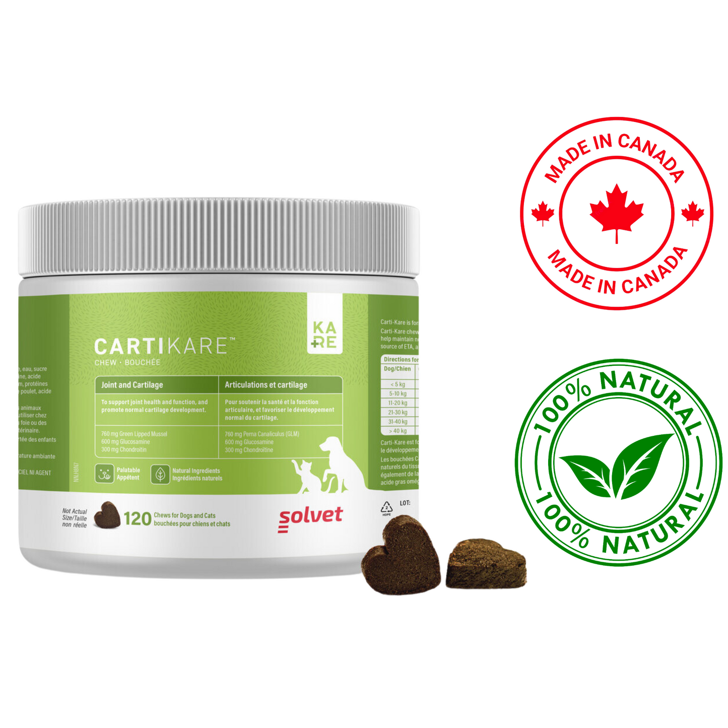 CartiKare joint chews for dogs and cats container with heart-shaped chews and 100 percent natural label