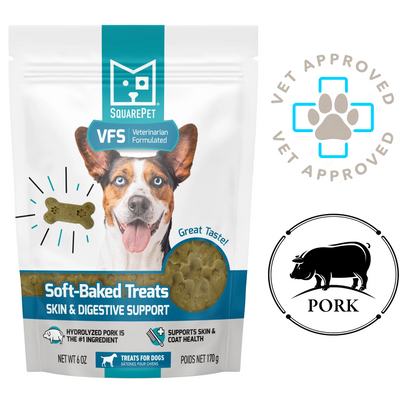 SquarePet dog treats for skin and digestive health soft-baked pork flavor with veterinarian formulated support