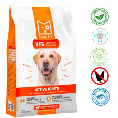 SquarePet Hip and Joint Support Dog Food in a 28-lb bag with a happy dog on the packaging