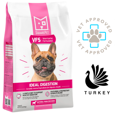 SquarePet ideal digestion dog food in a pink bag with a French Bulldog and vet approved logo
