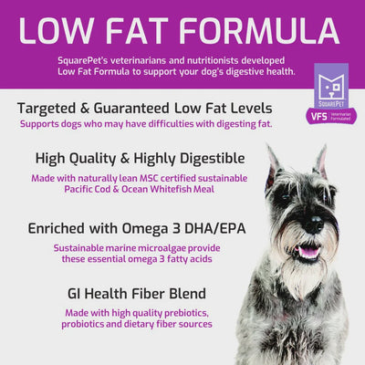 SquarePet low fat dog food formulated for digestive health with high-quality ingredients and omega-3 enrichment