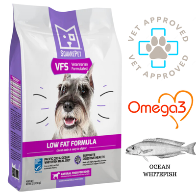 SquarePet low fat dog food in a 5-pound bag with ocean whitefish and omega-3 for healthy dogs