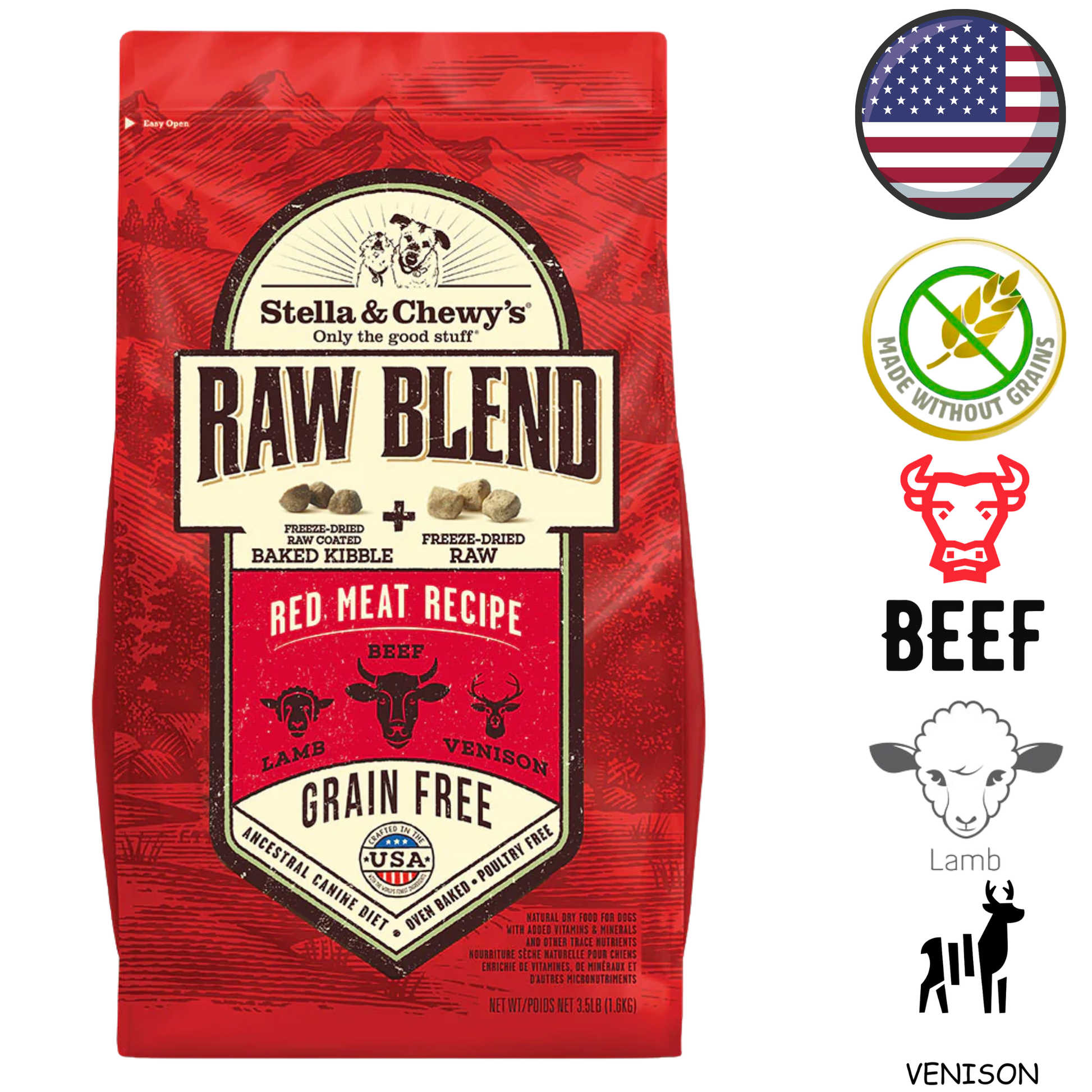 Stella and chewys red meat raw blend dog food grain free with beef lamb and venison in red packaging