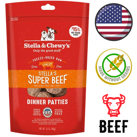 Stella & Chewy's beef patties freeze-dried raw dog dry food in red resealable bag with beef and grain-free labels