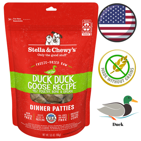 Stella & Chewys duck duck goose dinner patties freeze-dried raw dog food with 95% poultry bone and organ content