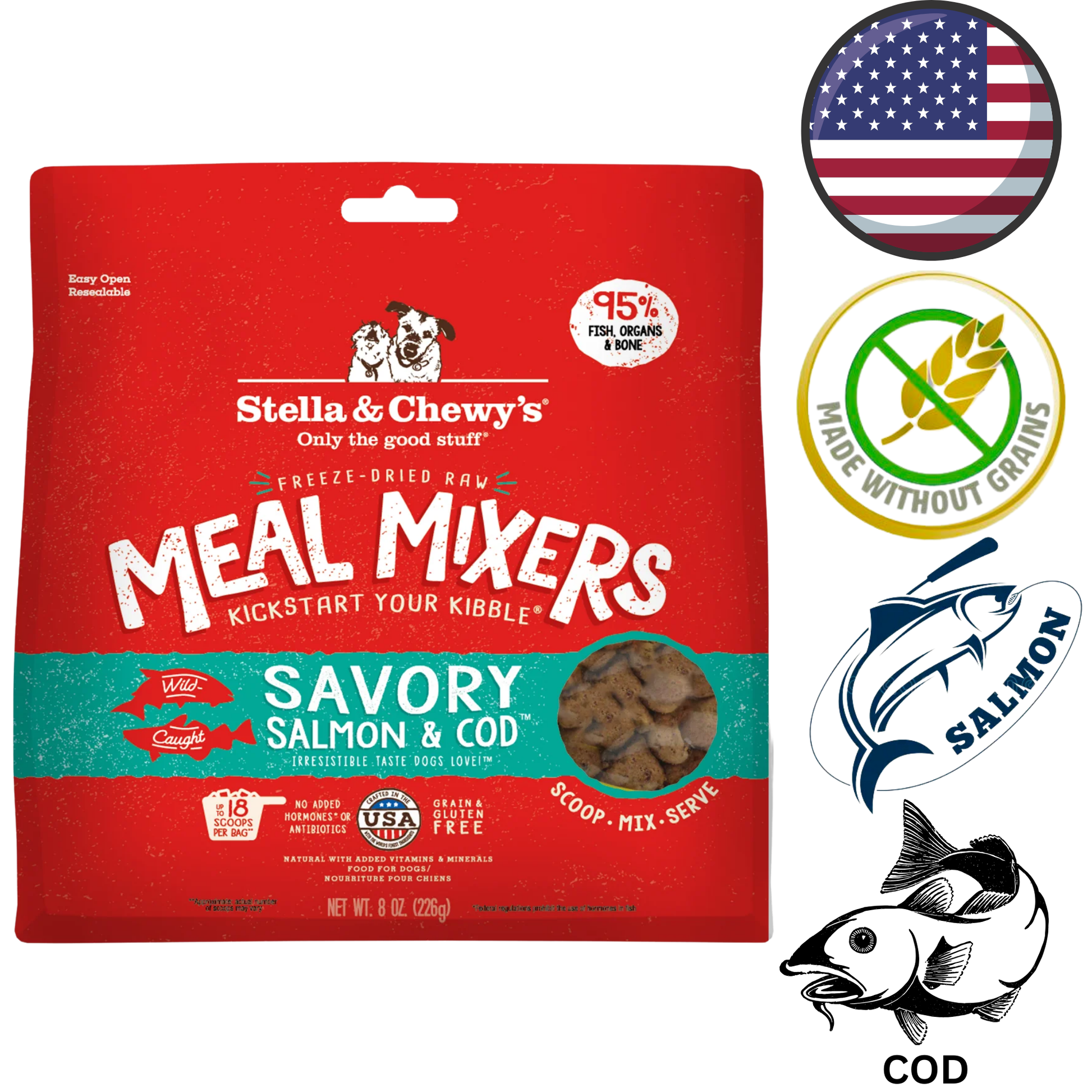 Stella & Chewys salmon cod mixer freeze-dried raw dog dry food meal mixers in red and teal packaging