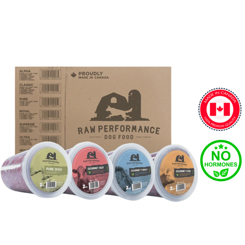 Raw Performance Supreme raw dog food pack featuring Pure Duck and Gourmet options in easy-to-store containers