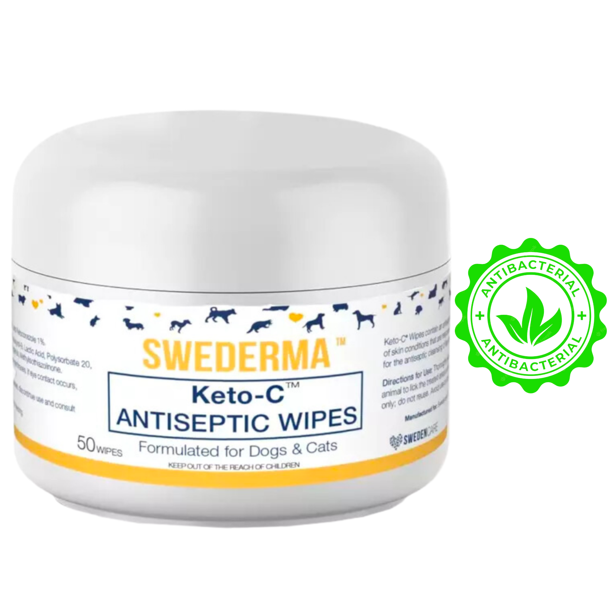 Swederma Keto-C Wipes for Dogs, 50 antibacterial wipes in a convenient container for pet hygiene