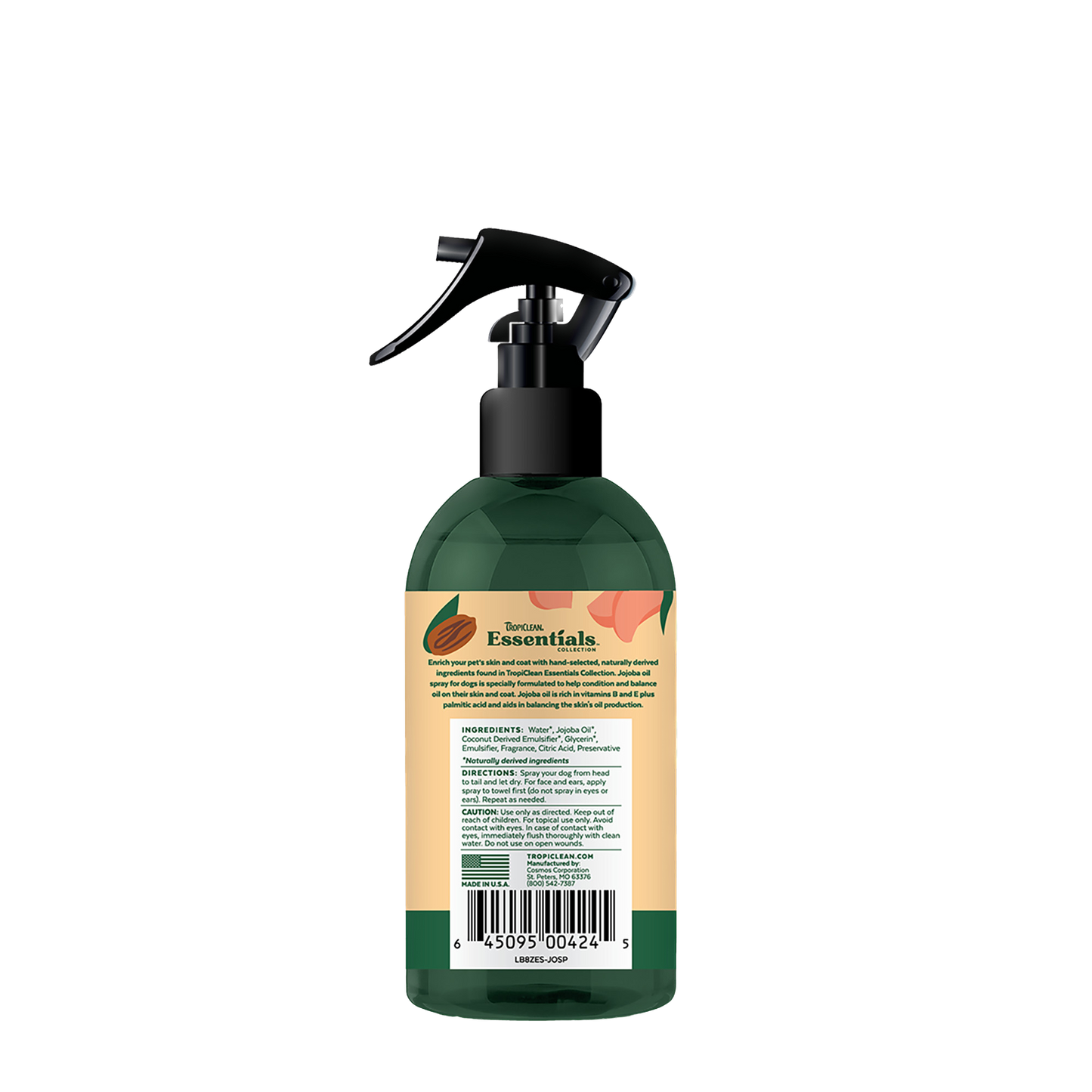 TropiClean Essentials Jojoba Oil & Garden Rose Deodorizing Dog Spray 8 oz - Nourishes and revitalizes your dog's fur with the calming scents of jojoba oil and garden rose.