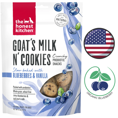 The Honest Kitchen blueberry vanilla dog treats goat's milk n' cookies with probiotics and organic blueberries