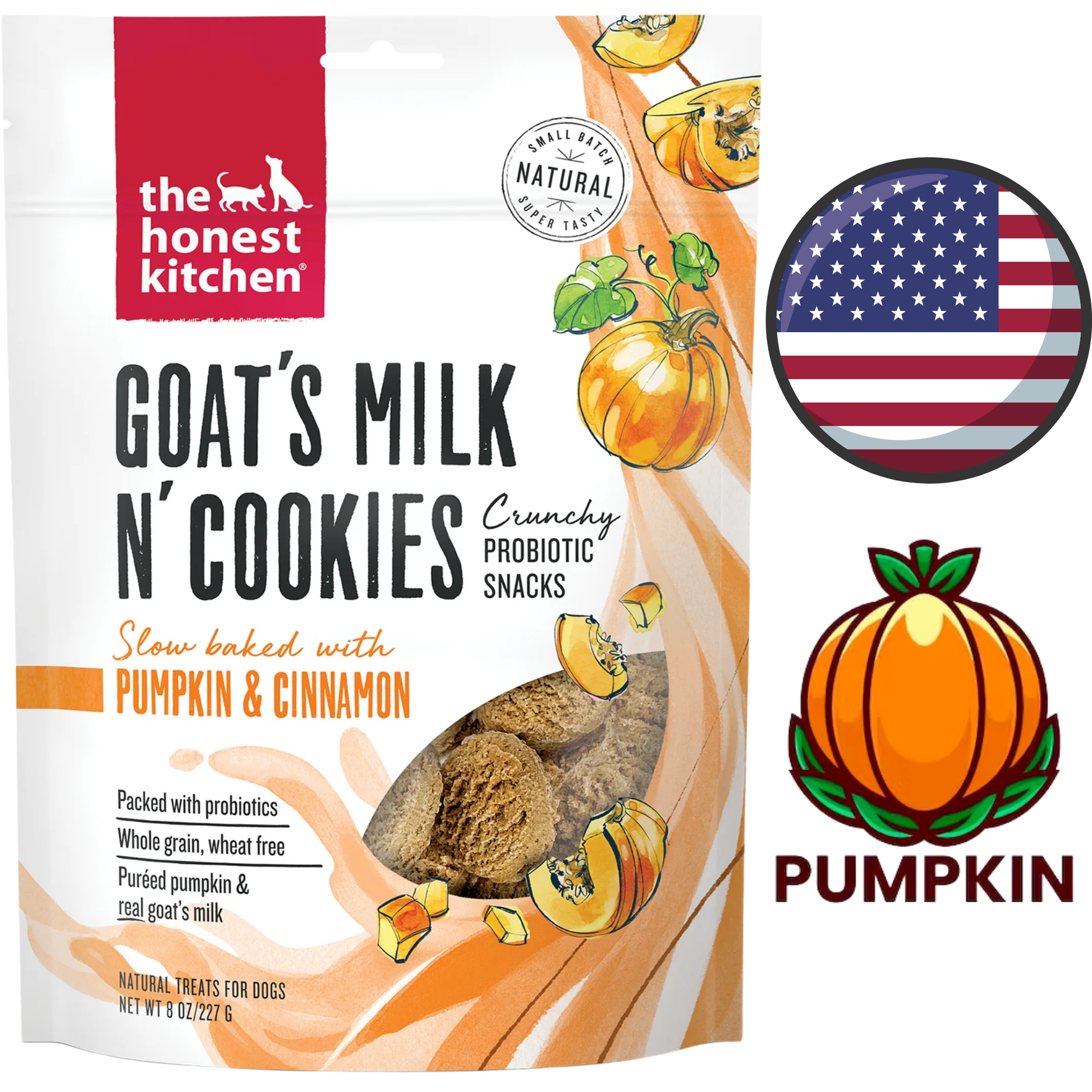The Honest Kitchen goats milk dog cookies pumpkin and cinnamon flavor crunchy probiotic snacks