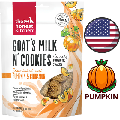 The Honest Kitchen goats milk dog cookies pumpkin and cinnamon flavor crunchy probiotic snacks